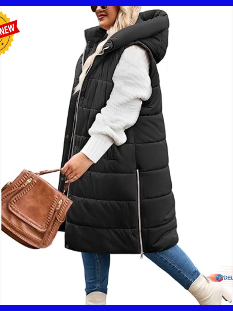 Plus Size Long Puffer Vest Sleeveless Hooded Quilted Winter Jacket